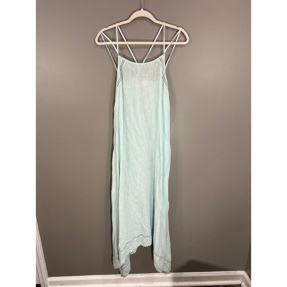 C&C California Dress Women L Blue New Linen Blend Handkerchief Hem Strappy